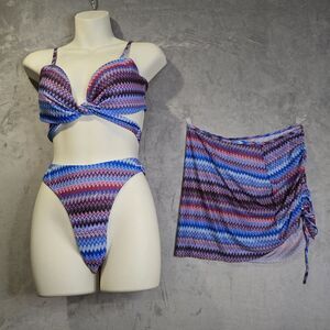 3‎ Piece Bikini Set Swimsuit Size Medium Geometric Multi Color Knotted Tie Back